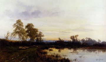 湖池の滝 Painting - 農場の風景に沈む夕日 アルフレッド・デ・ブリアンスキー・シニア